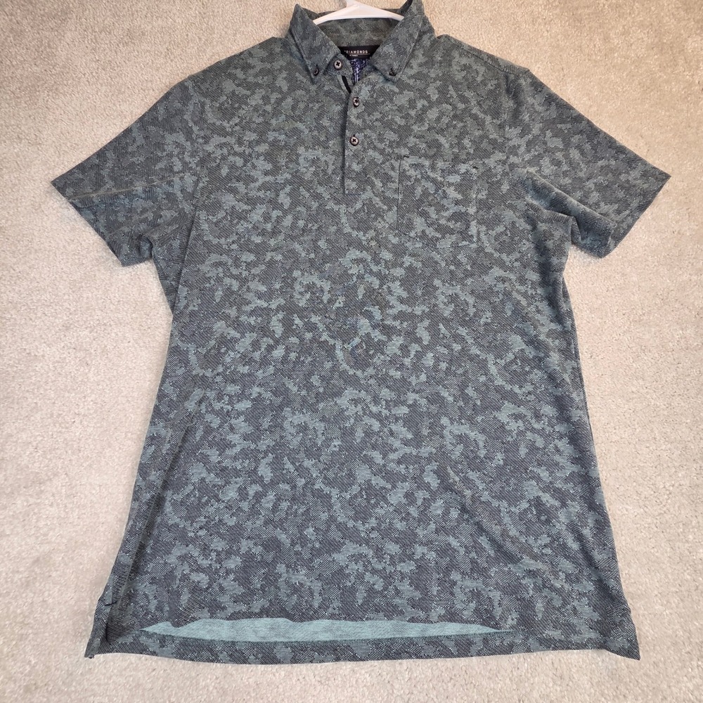 7 Diamonds Dance Floor Polo Mens L Green Camo Jacquard Button Collar Golf